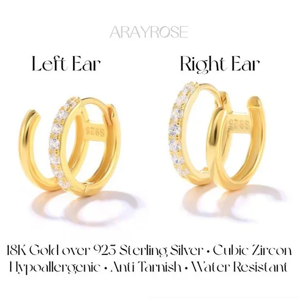 New Paved Double Hoop Earrings One Piercing, Fake Second Piercing Huggies - Picture 2 of 3